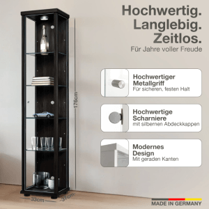 Schwarze Glasvitrine mit LED-Beleuchtung, 176 cm hoch, mit Glasböden. Made in Germany.
