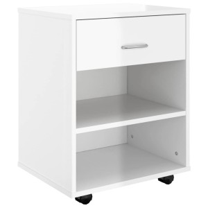Weißer Rollschrank (46x36x59 cm) mit Schublade und offenen Fächern für Bürobedarf.
