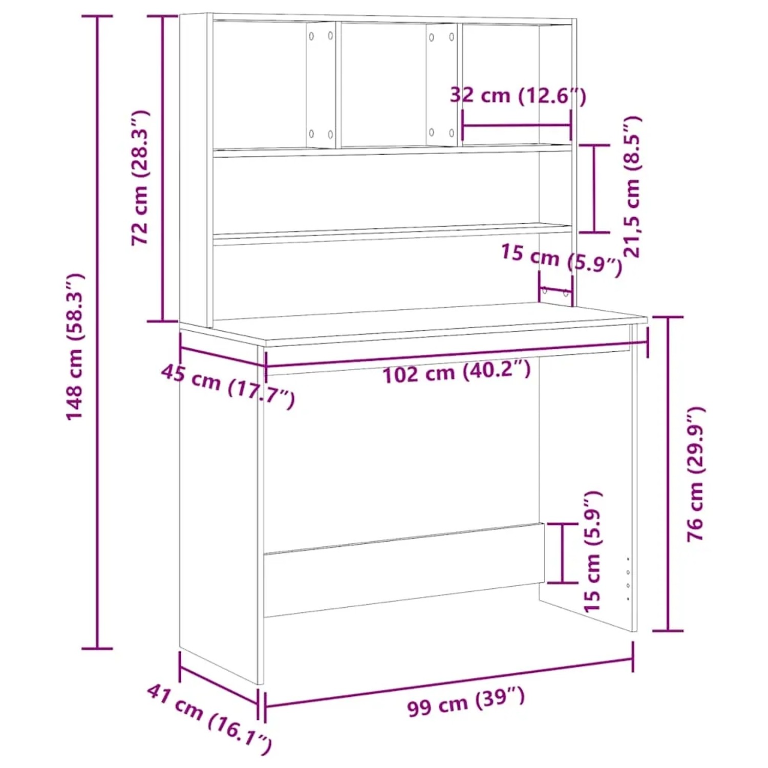 Schreibtisch mit Regalen, schwarz, Eichen-Optik, 102x45x148 cm. Büromöbel für Arbeitszimmer.