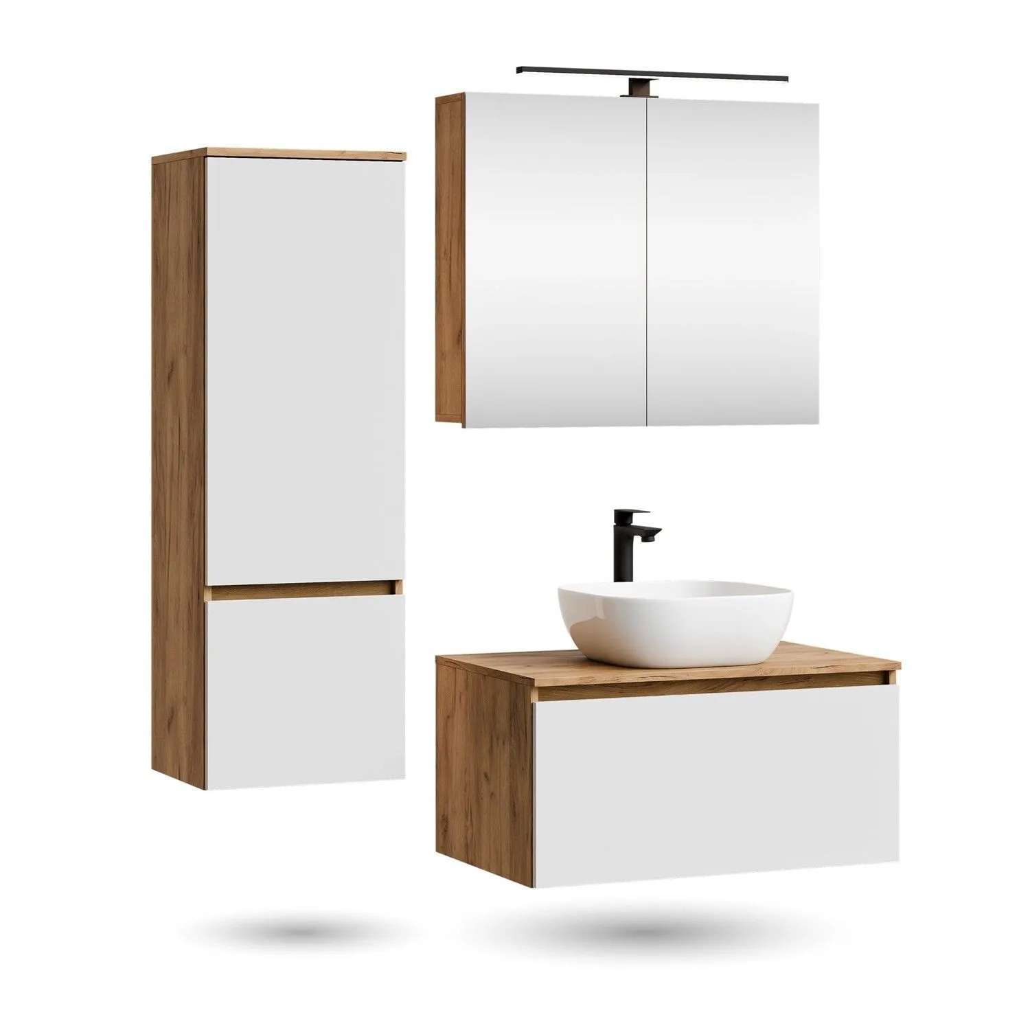 Planetmöbel ARISA Badmöbel Set 80 cm Weiß mit Hochschrank Spiegelschrank ARIA und Aufsatzwaschbecken Weiß 42 cm