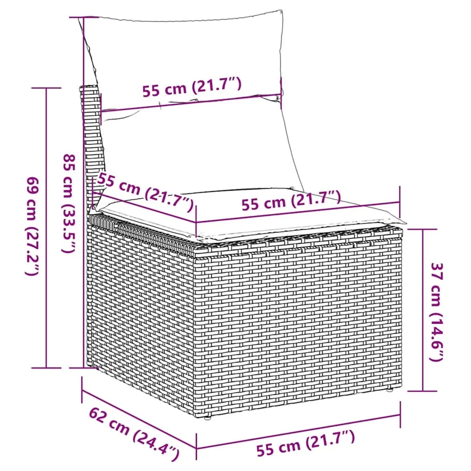 Maße des schwarzen vidaXL Gartensofas aus Polyrattan mit Kissen, Detailansicht.