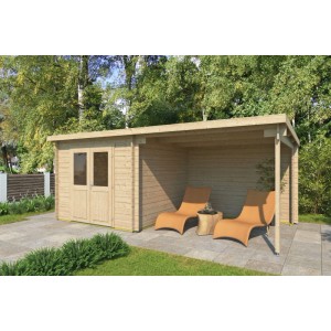 Imprägniertes Fjordholz Gartenhaus Gent 28 A mit Pultdach und Seitendach. Gartenhaus aus Kiefer.