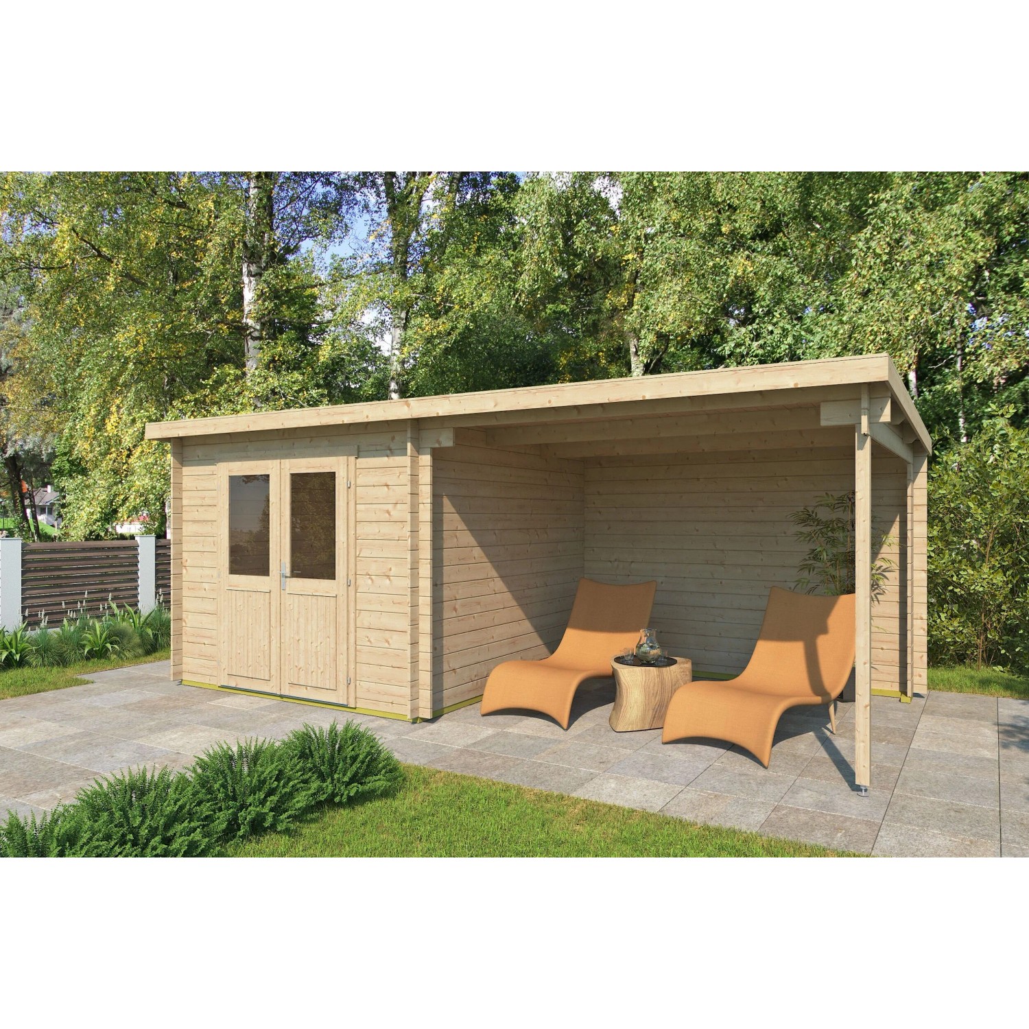 Imprägniertes Fjordholz Gartenhaus Gent 28 A mit Pultdach und Seitendach. Gartenhaus aus Kiefer.