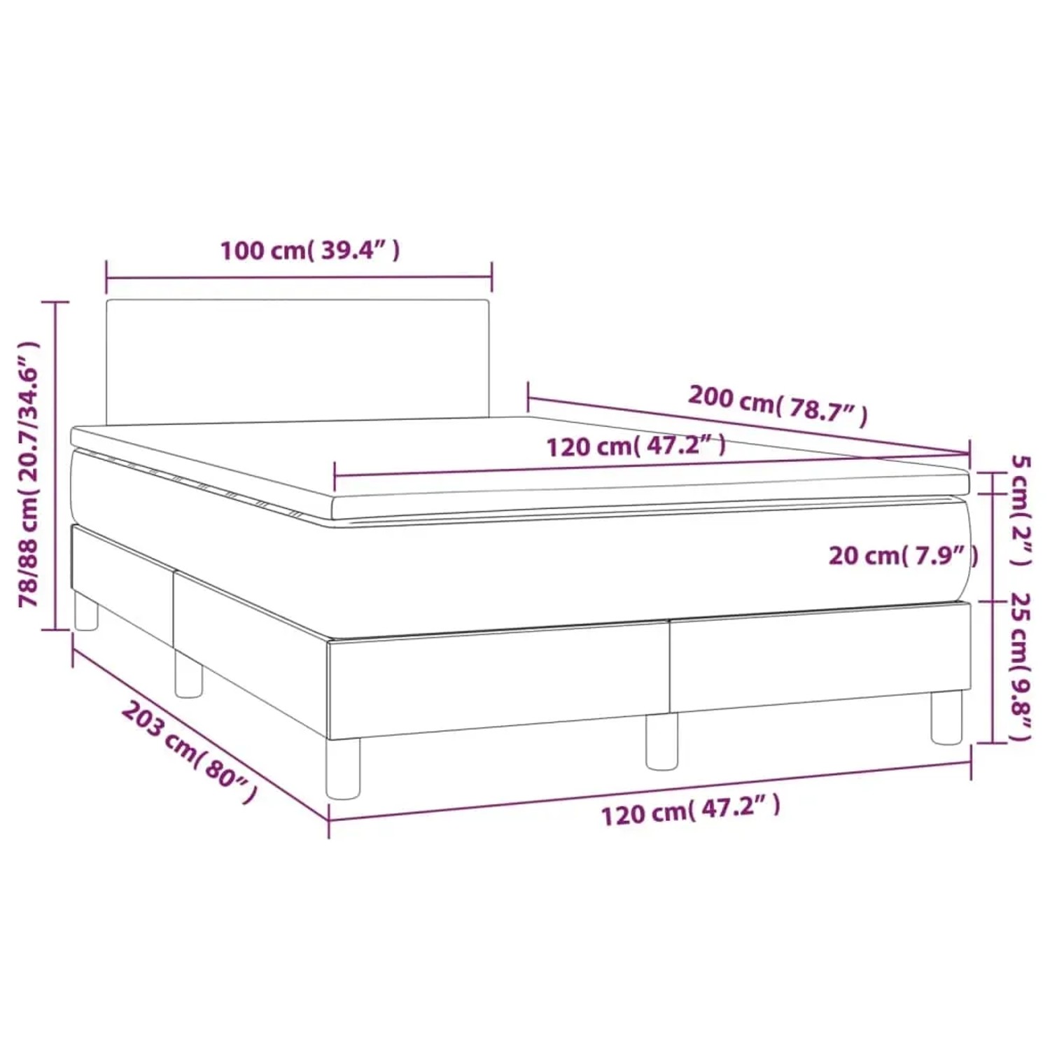 vidaXL Boxspringbett, hellgrau, 120x200 cm, Stoff. Bett mit Matratze und Kopfteil, Maße sind eingezeichnet.