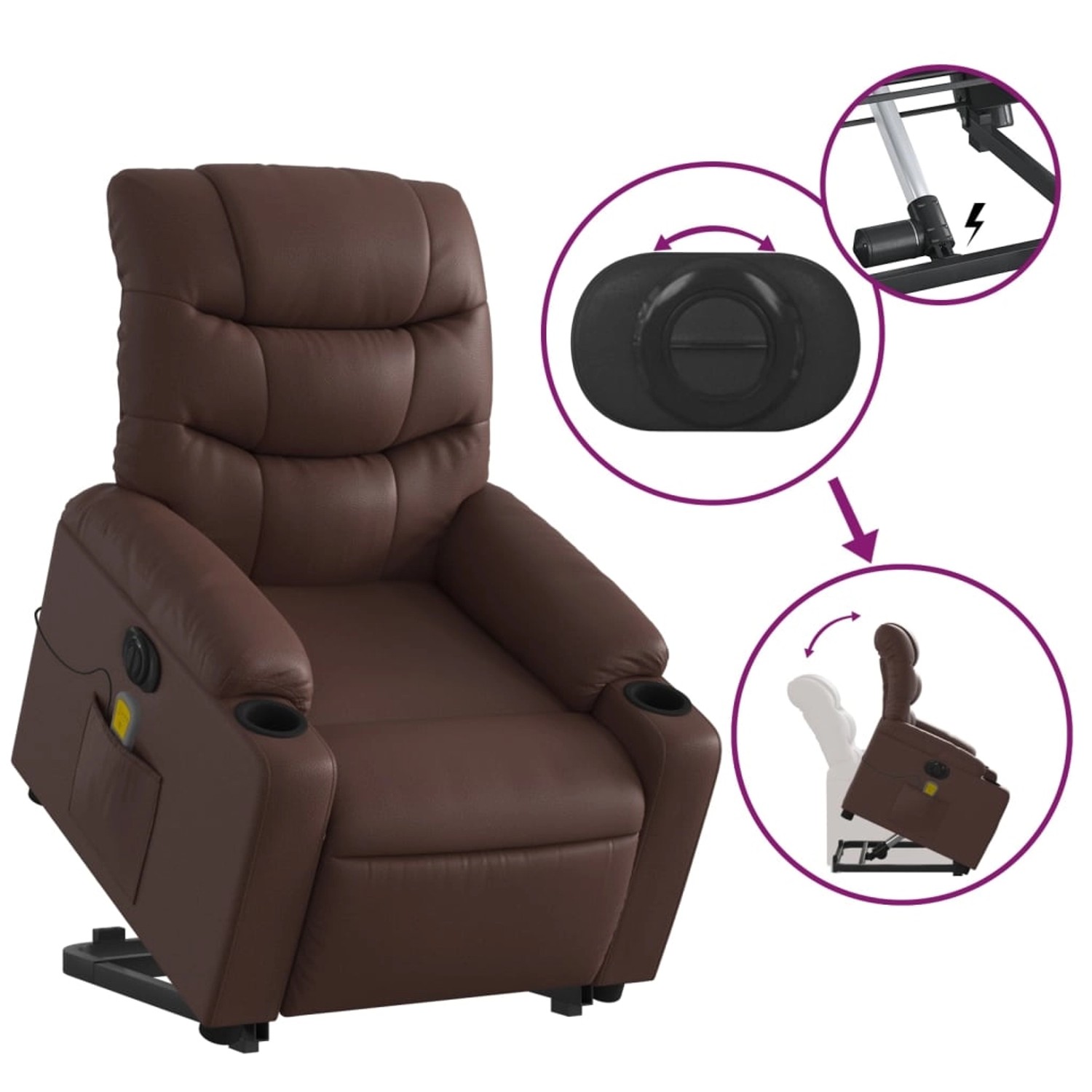 Brauner elektrischer Massagesessel mit Aufstehhilfe aus Kunstleder, Relaxsessel mit Vibrationsmassage und Aufstehfunktion.