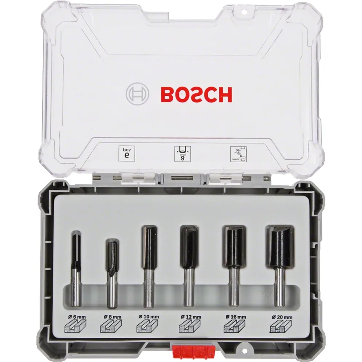 Bosch Nutfräser Set, 6-teilig mit 8 mm Schaft in Klarsichtbox.