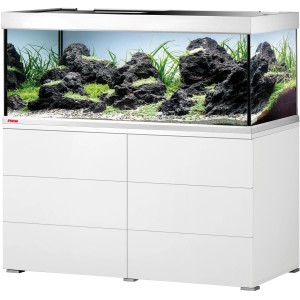 Eheim Aquarium-Kombination Proxima 325 ClassicLED Weiß mit Unterschrank, bepflanzt und dekoriert.