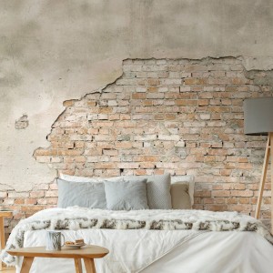 Art for the Home Fototapete Dublin, 300x300 cm, mit Backstein- und Putz-Motiv im Schlafzimmer.