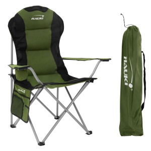 Hauki Campingstuhl, faltbar, Khaki, mit Getränkehalter und Tragetasche.