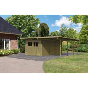 Karibu Doppelcarport Eco aus Holz mit PVC Dachplatten vor Haus und Garten.