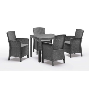 Anthrazitfarbenes 5-teiliges Lounge-Gartenmöbel-Set: Tisch und 4 Sessel mit Sitzkissen.