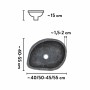 Dunkles, ovales baliv Aufsatzwaschbecken WBA-7030 aus Naturstein mit Maßangaben.