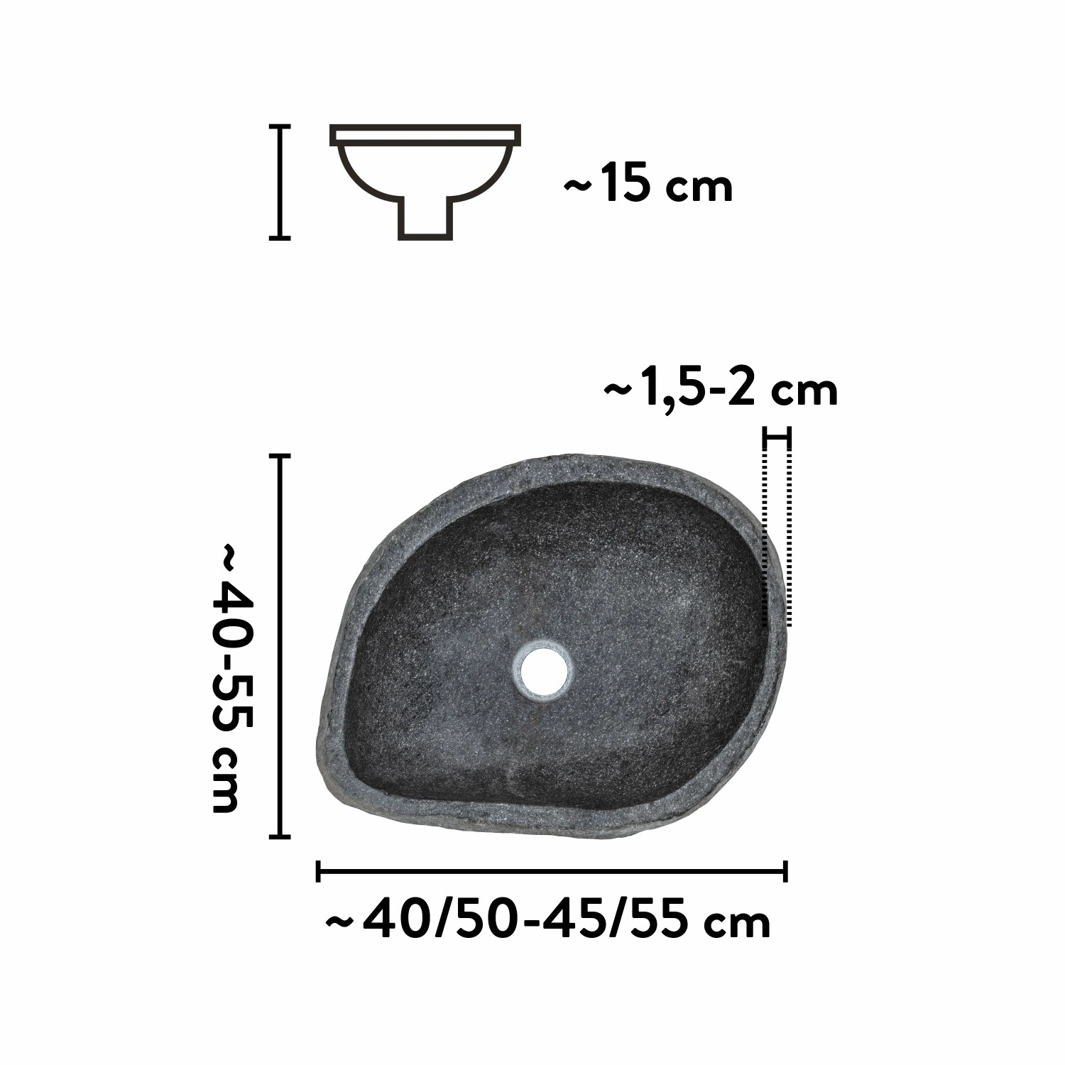 Dunkles, ovales baliv Aufsatzwaschbecken WBA-7030 aus Naturstein mit Maßangaben.