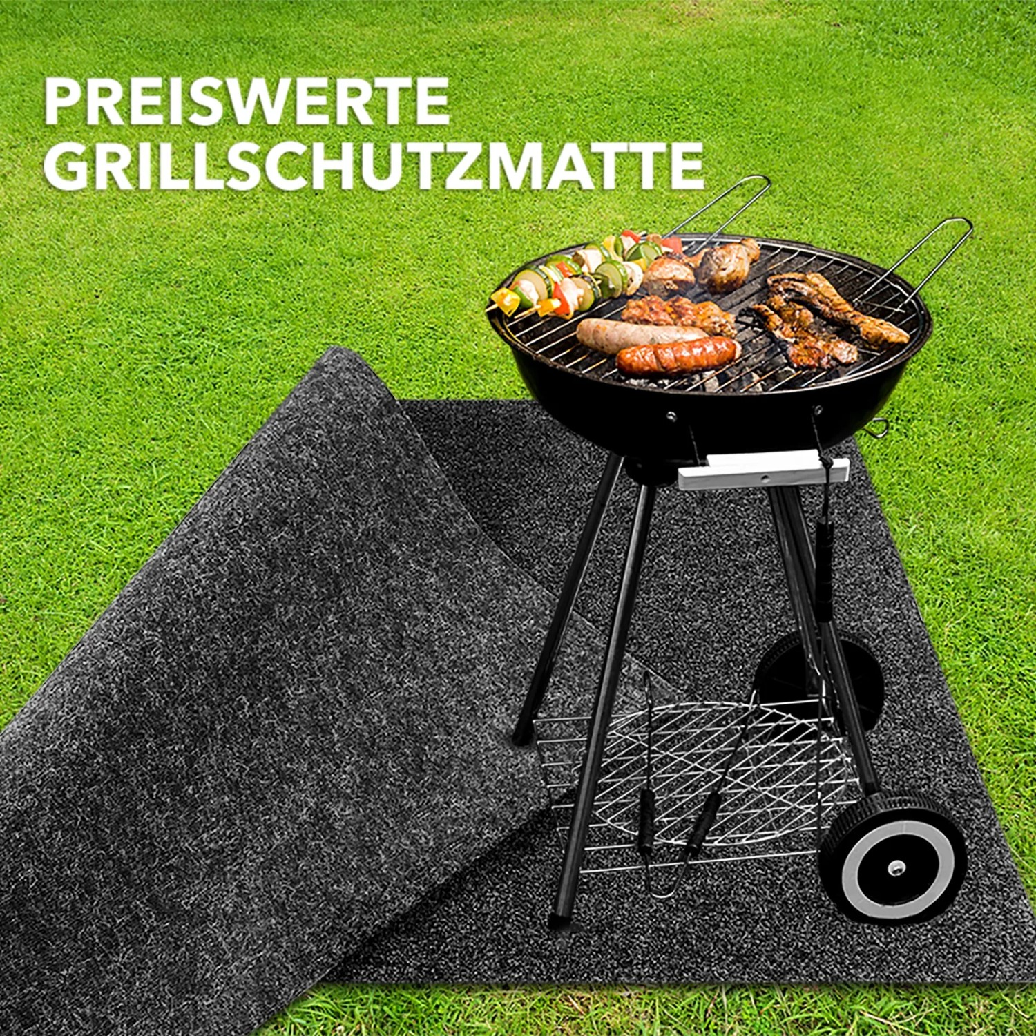 Anthrazitfarbene KARAT Grillmatte Dalton unter einem Grill auf Rasen. Grillschutzmatte 200x200 cm.