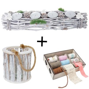 MCW Windlicht 3er-Set: Laterne, Kranz, Deko-Bänder. Weihnachtsdeko zum Stellen/Hängen.