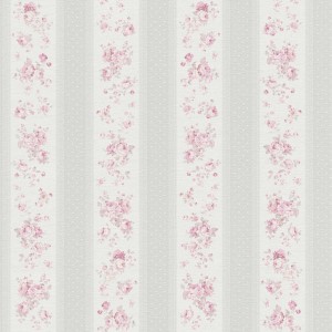 Romantische Vliestapete im Landhausstil mit Rosen und Streifen in Grau und Rosa.