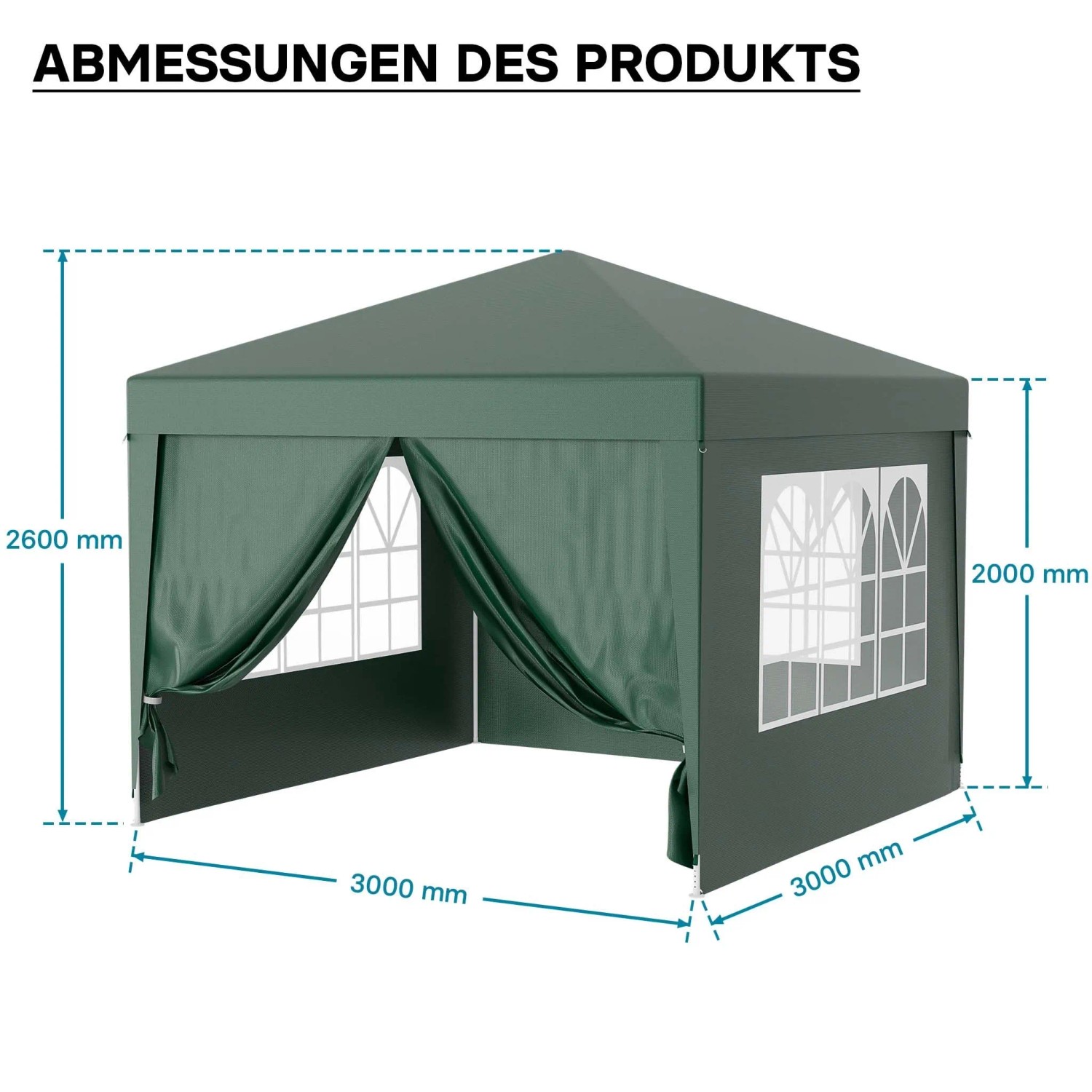 Grüner Wiltec Pavillon 3x3m mit abnehmbaren Seiten und Fenstern. Maße: 3000x3000x2600mm. Gartenpavillon, Partyzelt.