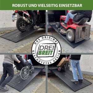 DREIBREIT 3-fach Auffahrrampe aus Aluminium im Einsatz mit Motorrad, Rasentraktor, Rollstuhl und Sackkarre.