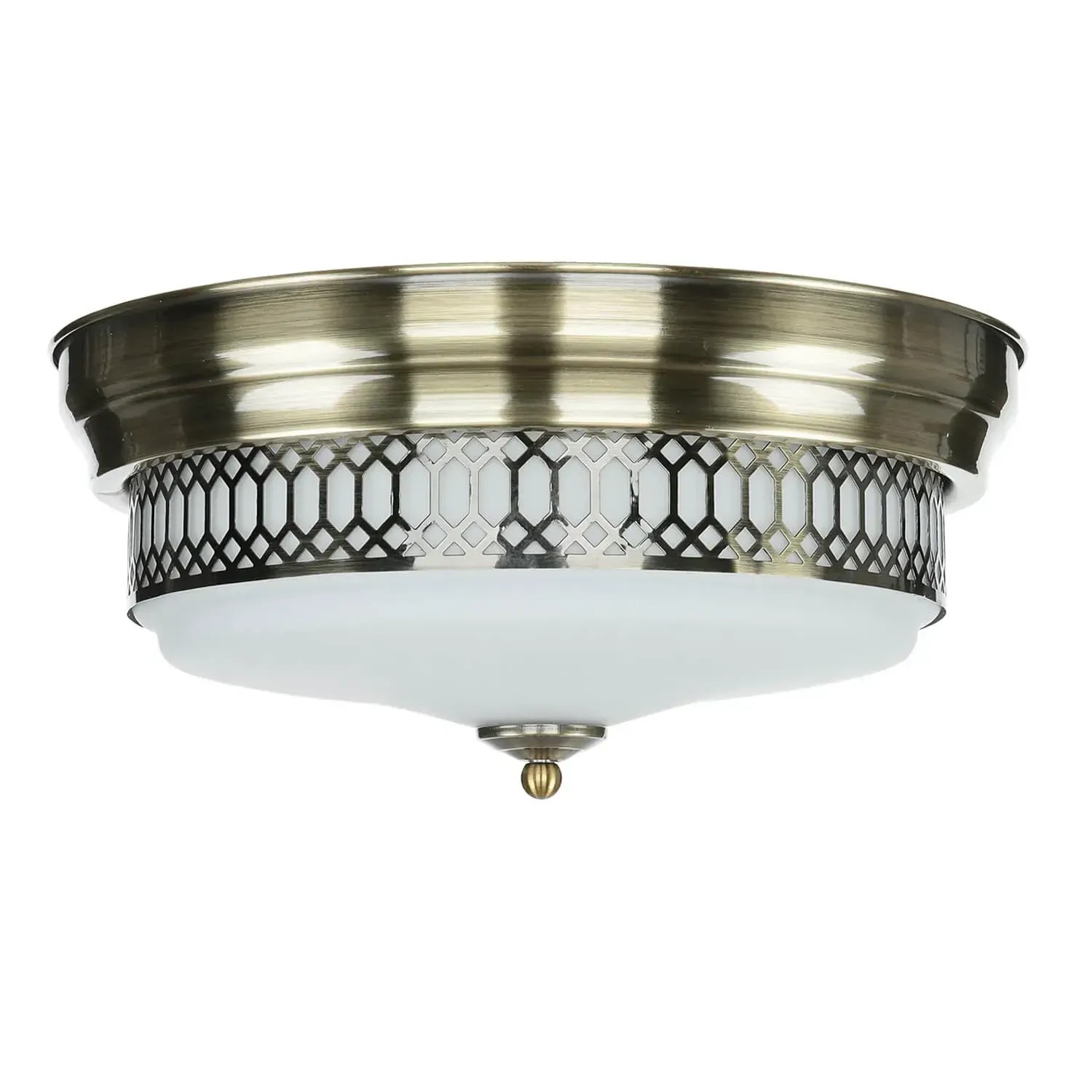 Deckenlampe im Antik-Look für Badezimmer, Ø 35cm, Messing/Weiß, mit Glas Lampenschirm.
