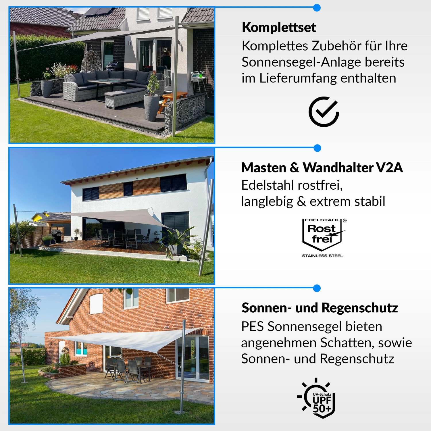 Toldoro Sonnensegel Komplettset 4x4m UPF50+ mit Befestigungsmaterial