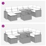 Beige 5-tlg. Garten-Sofagarnitur aus Polyrattan mit Tisch in zwei Höhen und cremeweißen Kissen.