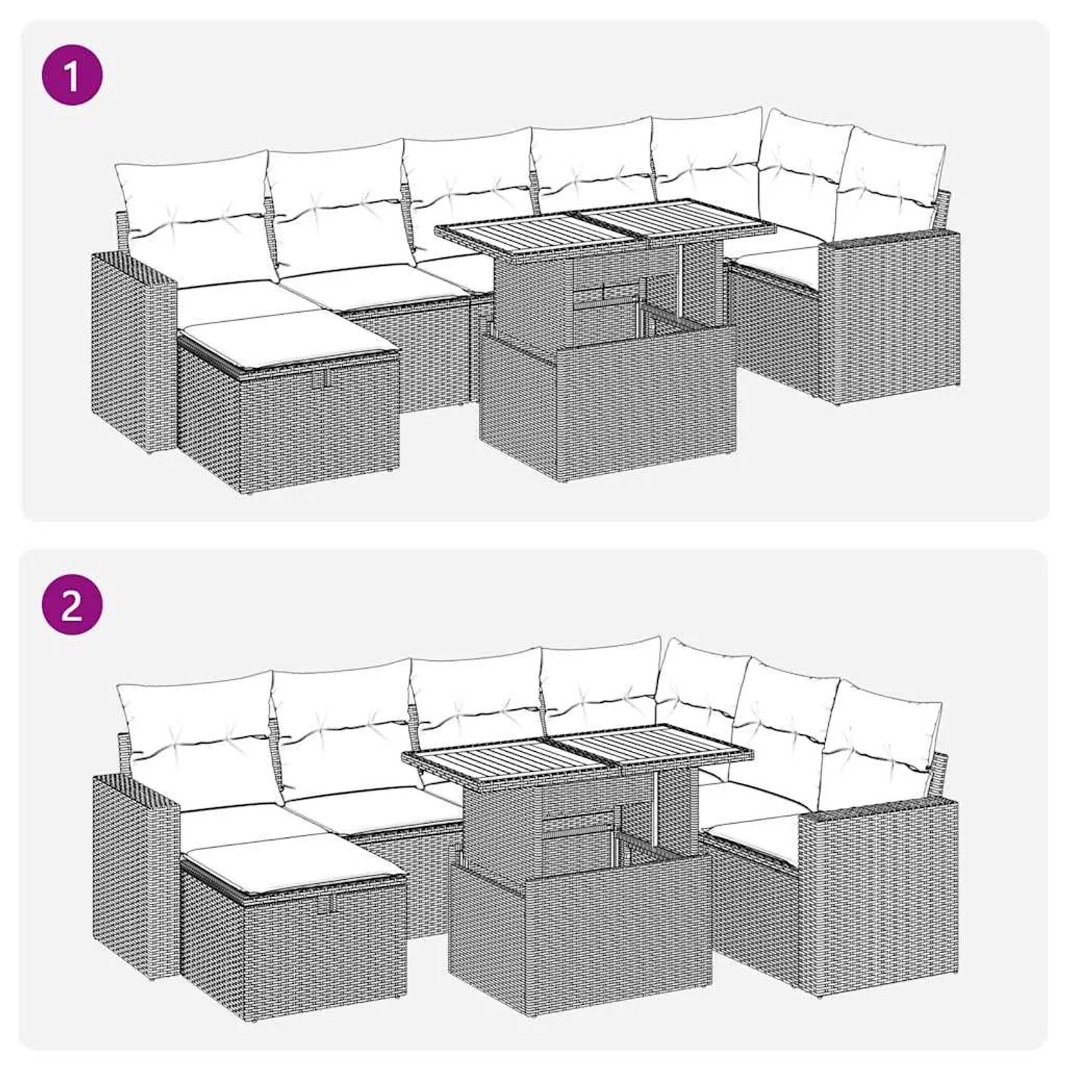 Beige 5-tlg. Garten-Sofagarnitur aus Polyrattan mit Tisch in zwei Höhen und cremeweißen Kissen.