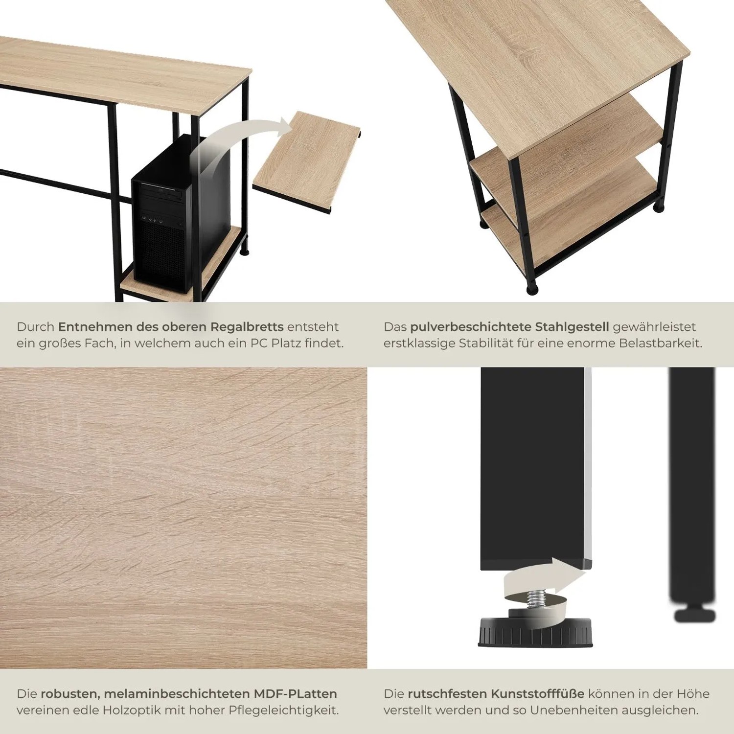 Tectake Eckschreibtisch Hamilton im Industrial Style mit Holz- und Stahlgestell in Eiche Sonoma Optik.