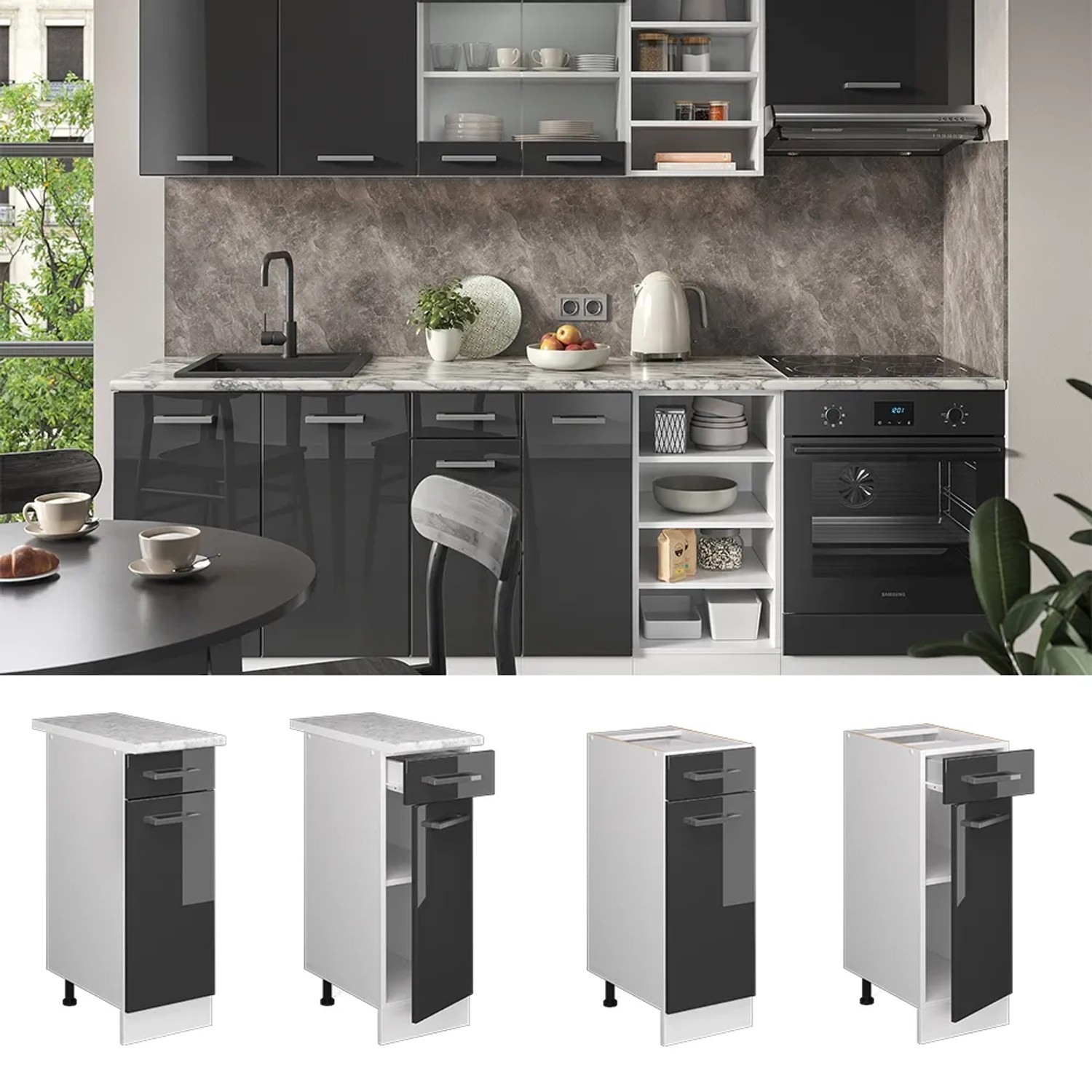 Vicco Küchenunterschrank R-Line, 30 cm, Anthrazit Hochglanz/Weiß, mit Schublade und Arbeitsplatte.