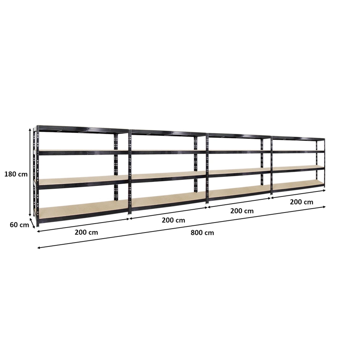 PROREGAL Mega Deal: 4 schwarze Schwerlastregale (180x200x60cm) mit 4 Spanplatten-Ebenen. Ideal für Werkstatt & Garage.