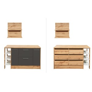 Respekta Kücheninsel Hilde 150 cm, grau und Holzdekor, mit Hängeregal und offenen Regalen.