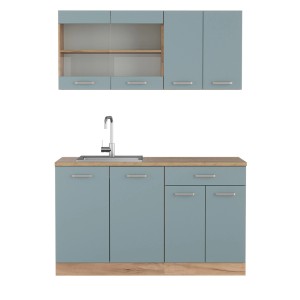 Vicco Single Küche in Blau-Grau und Goldkraft Eiche, 140 cm breit, ohne Arbeitsplatte.