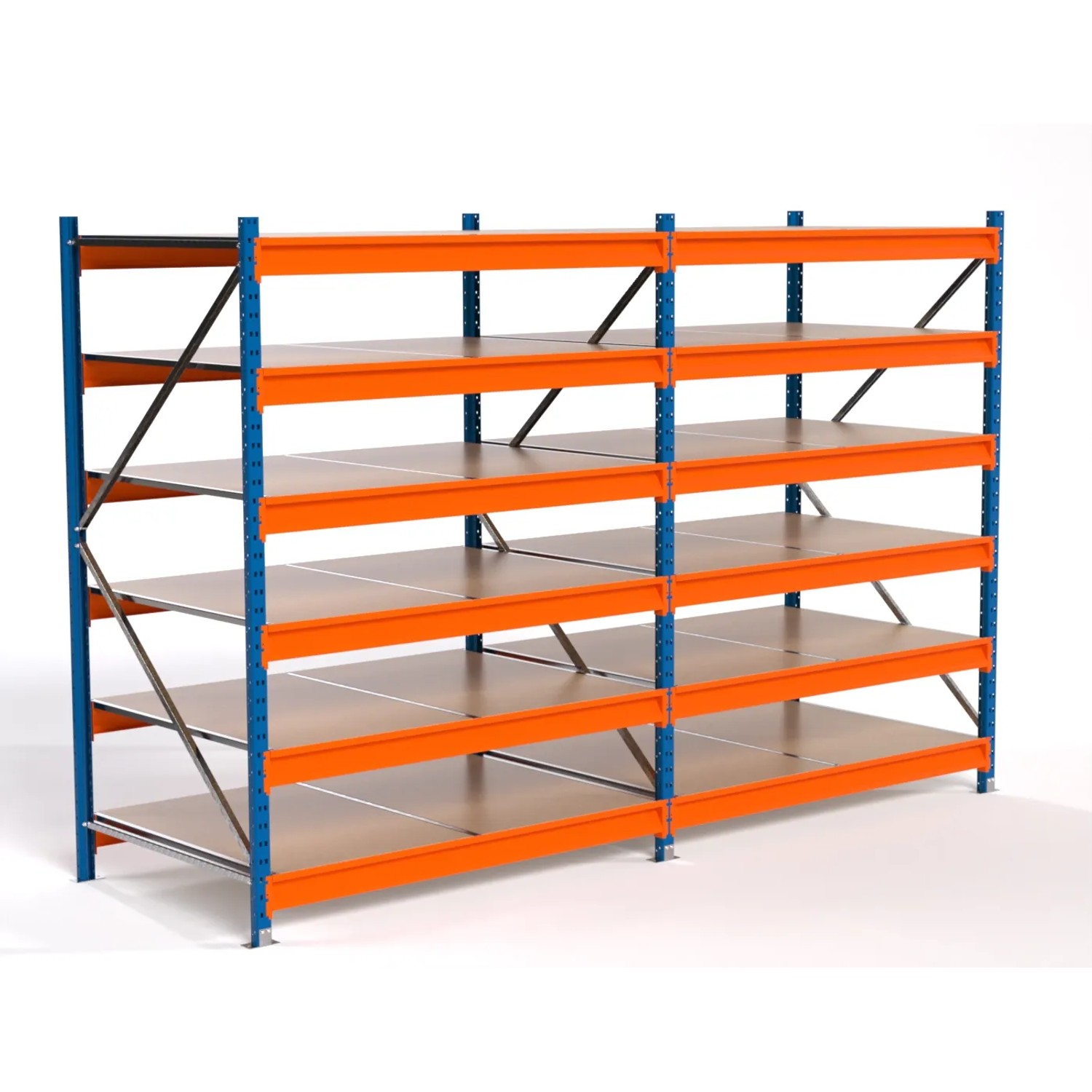 PROREGAL Industrie Weitspannregal Lagerregal MAXIMUS PRO Komplettregal 2 Felder HxBxT 200x300x100cm 6 Spanplatten-Fachboden Fachlast 850kg Blau/Orange