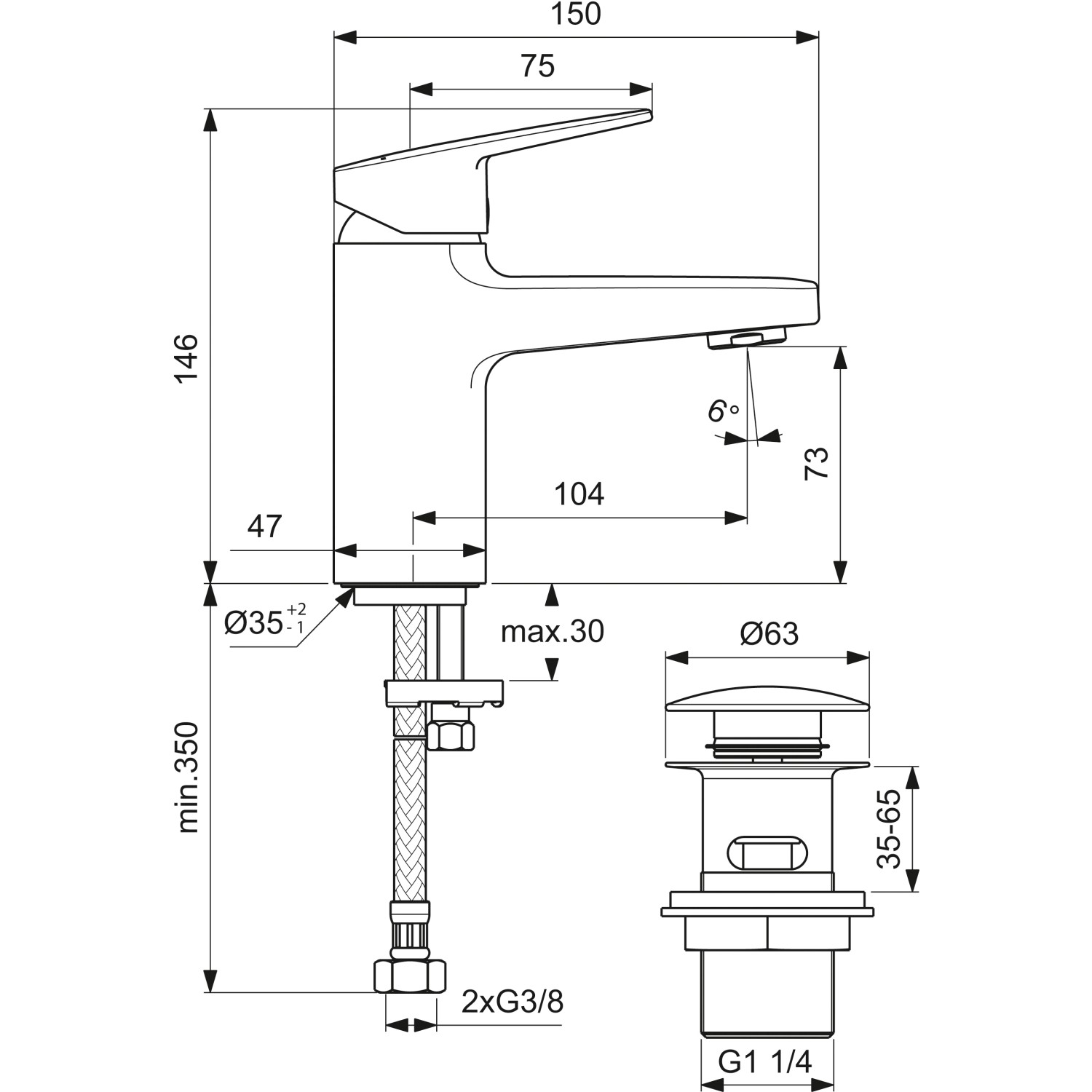 Technische Zeichnung: Ideal Standard Ceraplan Waschtischarmatur Chrom mit Maßen.