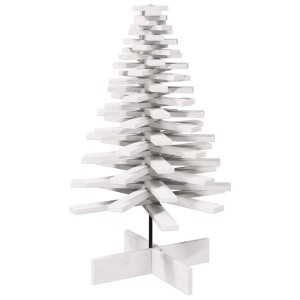 Weißer 100 cm hoher Weihnachtsbaum aus massivem Kiefernholz mit drehbaren Ästen und stabilem Standfuß.