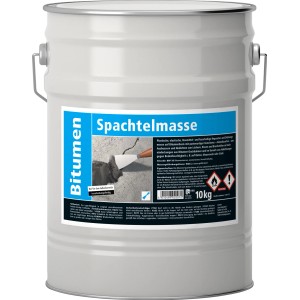 Grauer Eimer Bitumen Spachtelmasse (10 kg) zum Ausbessern von Rissen und Löchern.