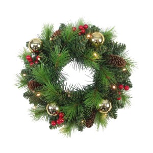Goldener LED Weihnachtskranz Noel für den Innenbereich, geschmückt mit Kugeln, Beeren und Zapfen.