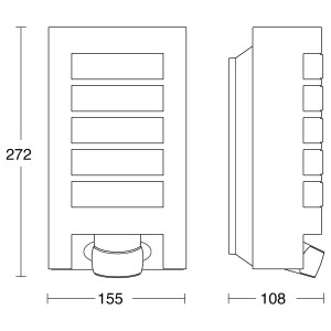 Skizze der Steinel Außenwandleuchte L 12 S Silber mit Maßen, Front- und Seitenansicht.