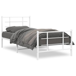 Weißes vidaXL Metall Bettgestell 90x190 cm mit Gitter-Kopf- und Fußteil, dunkler Bettwäsche für Schlafzimmer.