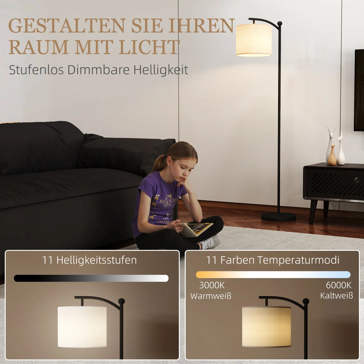 HOMCOM Stehlampe, schwarz mit cremefarbenem Stoffschirm, im Wohnzimmer mit Kind.