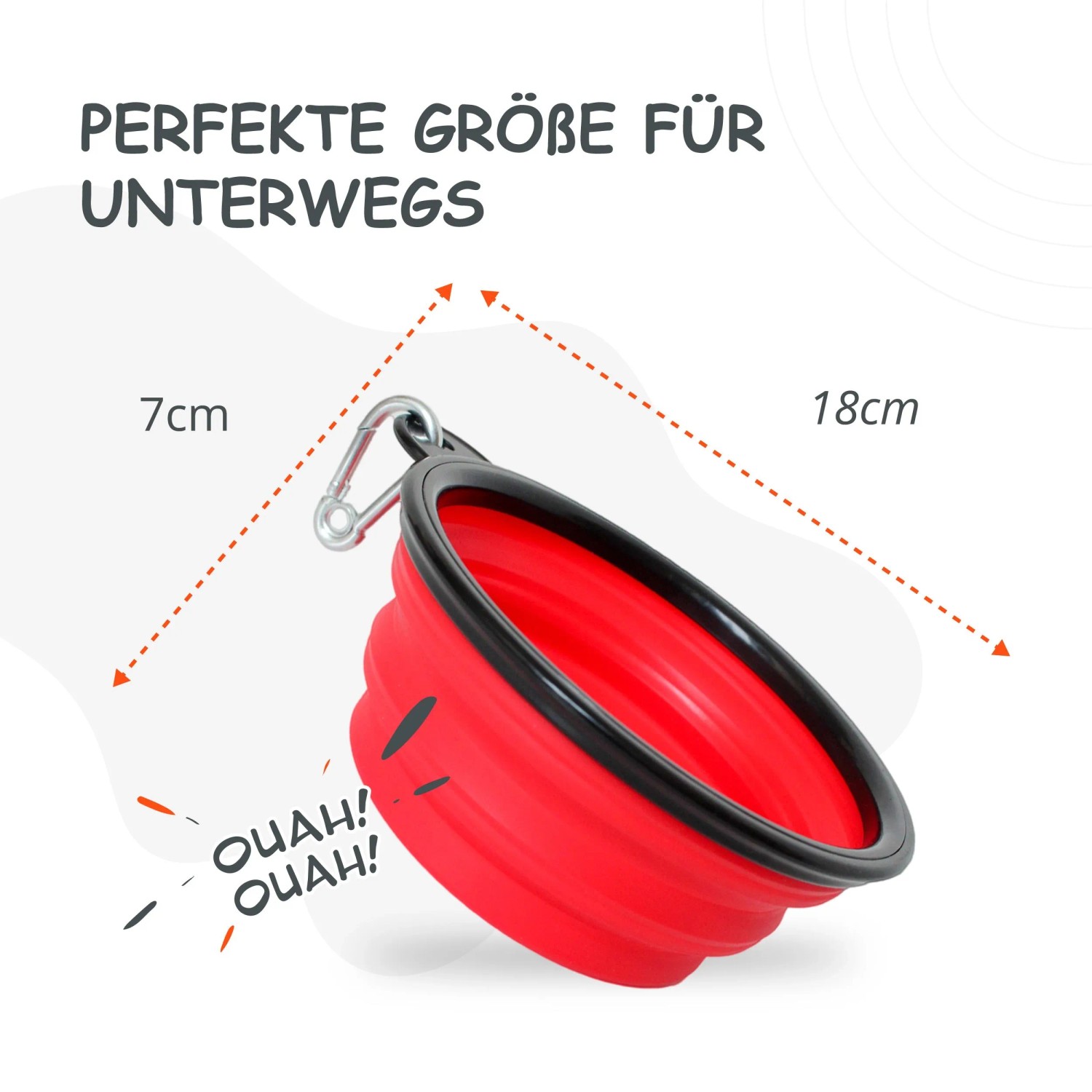 Roter, faltbarer Reisenapf für Hunde mit Karabiner, ideal für unterwegs.