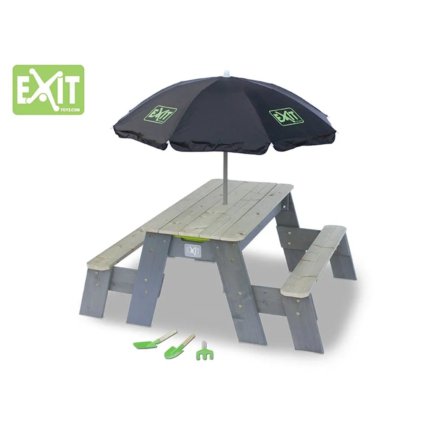 EXIT Aksent Sand-, Wasser- und Picknicktisch mit Bänken, Sonnenschirm und Gartenwerkzeug.