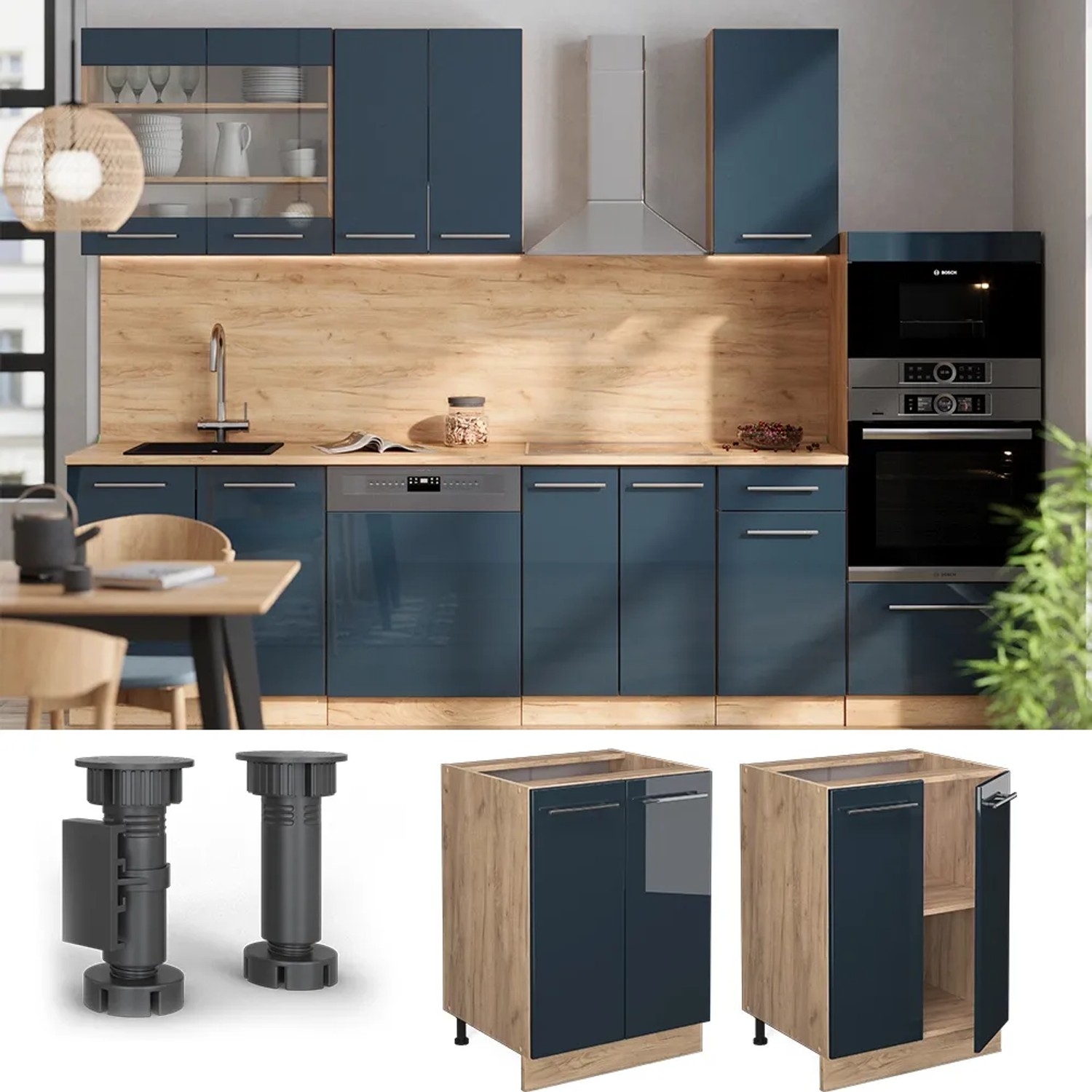 Vicco Küchenunterschrank Fame-Line, dunkelblau hochglanz/Eiche, 60cm, mit Füßen und Details.