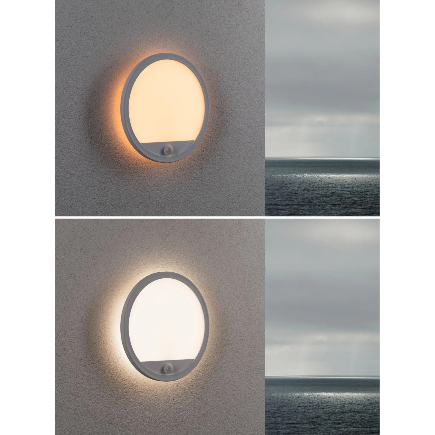 Weiße, runde Paulmann LED-Außendeckenleuchte Lamina mit Bewegungssensor und warmweißem Licht.