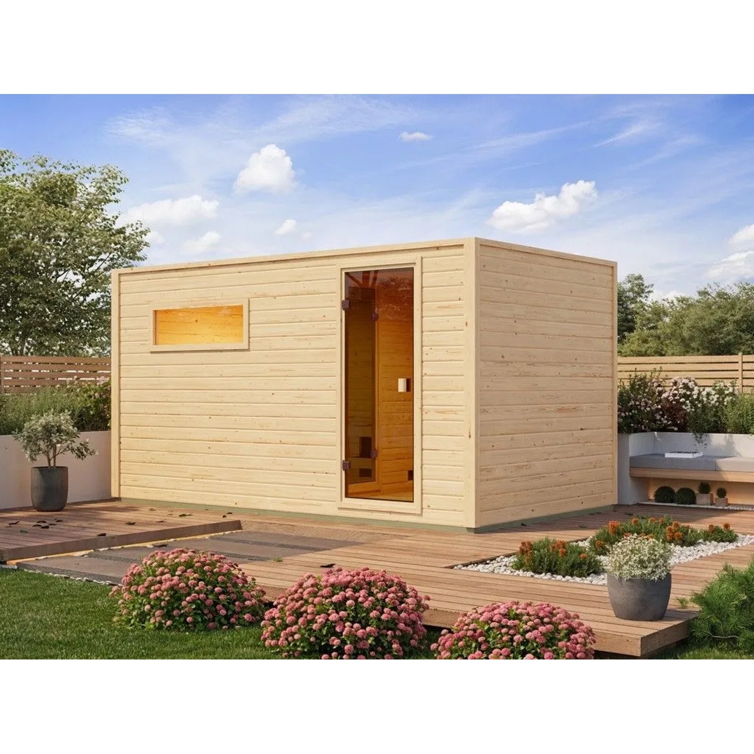 Karibu Saunahaus Gartensauna Lenchen 6 Natur mit Vorraum und Bronzierter Ganzglastür 38 mm Wandstärke ohne Ofen Braun