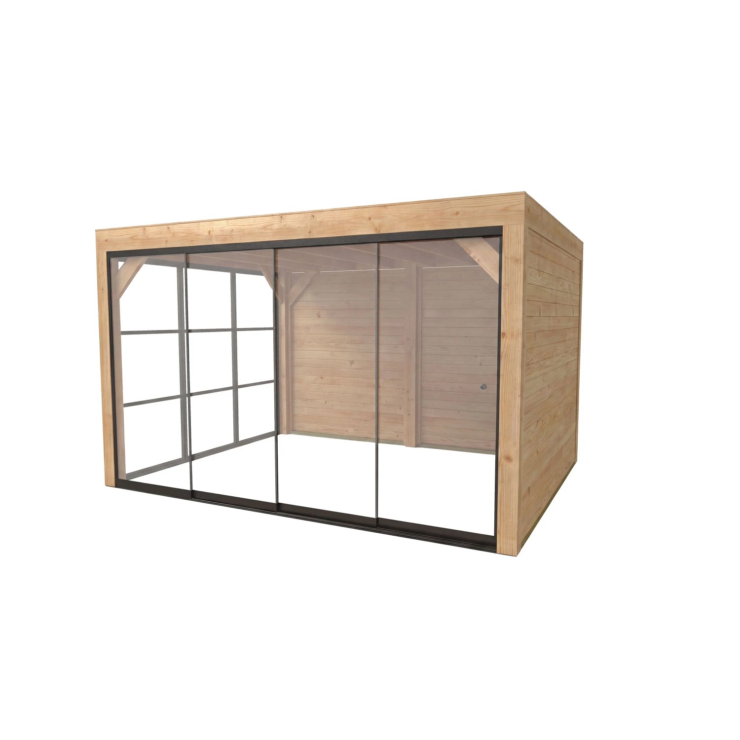 Moderne weka Gartenlaube Lumley aus Fichte mit Flachdach, Glasschiebetür und Holzwänden. Terrassenüberdachung.