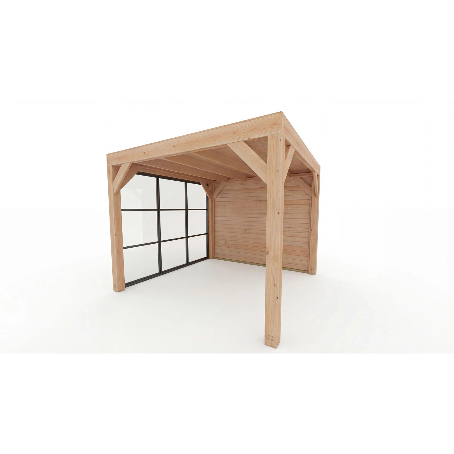 Moderne weka Gartenlaube Lumley, Ecküberdachung aus Fichte mit Flachdach, Glaswand mit Sprossen und Holzwand.