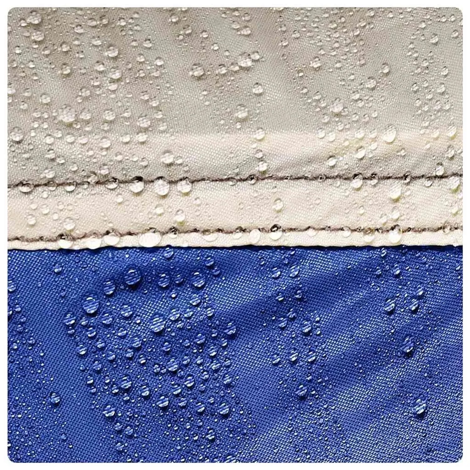 Nahaufnahme von wasserabweisendem Polyestergewebe in Azurblau und Beige mit Wassertropfen. Ideal für Poolzelt.