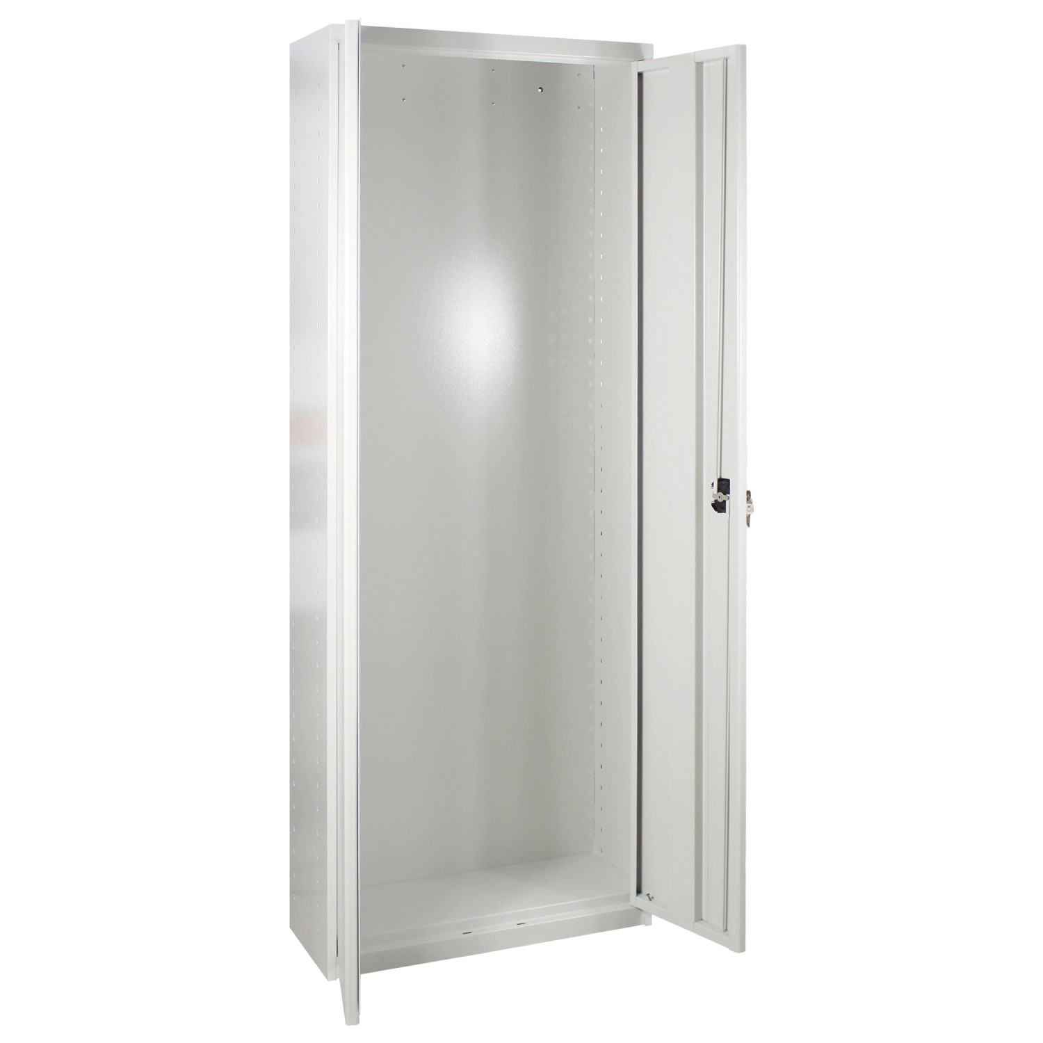 PROREGAL Regalschrank Owl, 195x71x30 cm, lichtgrau, mit geöffneten Türen. Aktenschrank für Werkstatt und Garage.