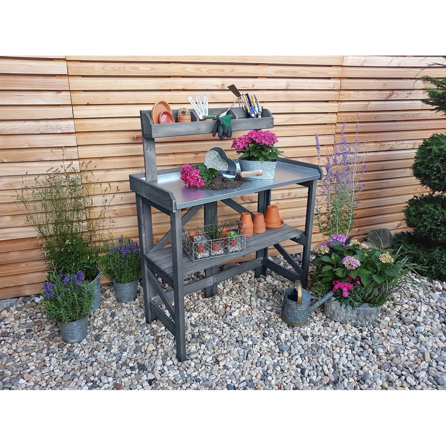 Rechteckiger, grauer Promadino Gartentisch aus Metall, 45x97 cm, ideal für Balkon oder Garten.