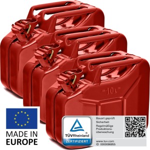 3 rote 10L Metall Kraftstoffkanister, Benzinkanister, TÜV-geprüft, Made in Europe.